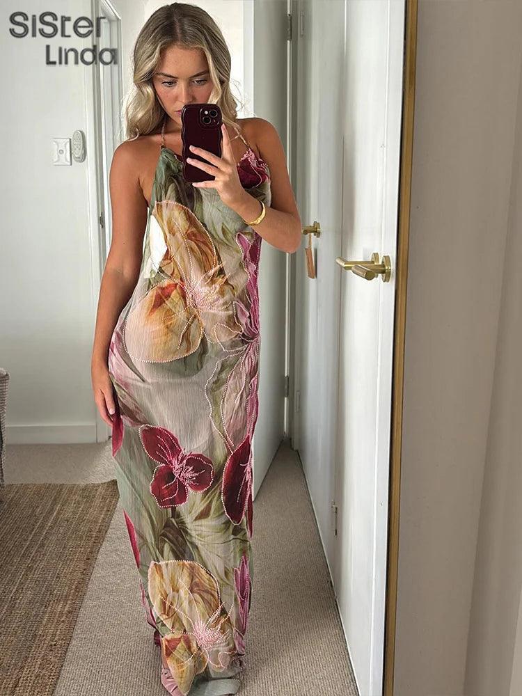 Sisterlinda Autumn Release Junior Ankle-Length Sexy High Street Dress K24D57158Girl Printing Slim Cleavage Backless Fashion Robe - Empire P.E