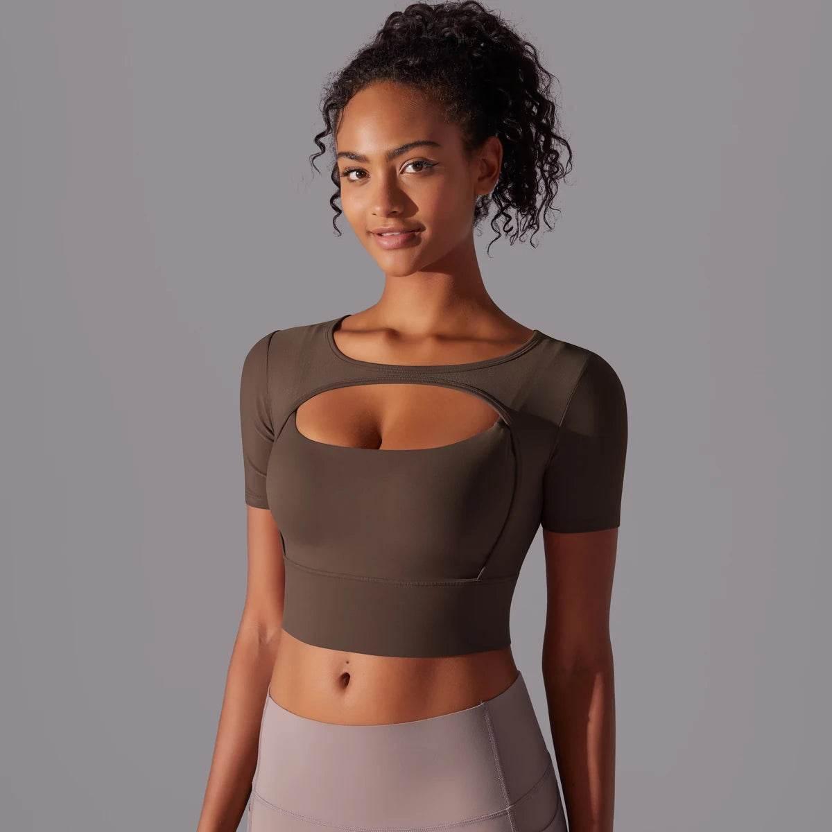 Solid Color Yoga Short Sleeve Sexy Double Layer Yoga Tank Top Spliced Mesh Yoga Clothing Top Fitness Running Sports Bra Women - Empire P.E