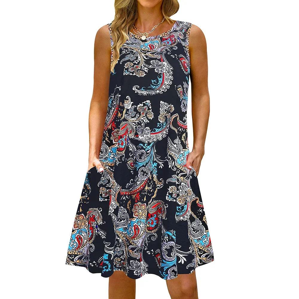 S-5Xl Colorful Printed O Neck Long Dress - Empire P.E