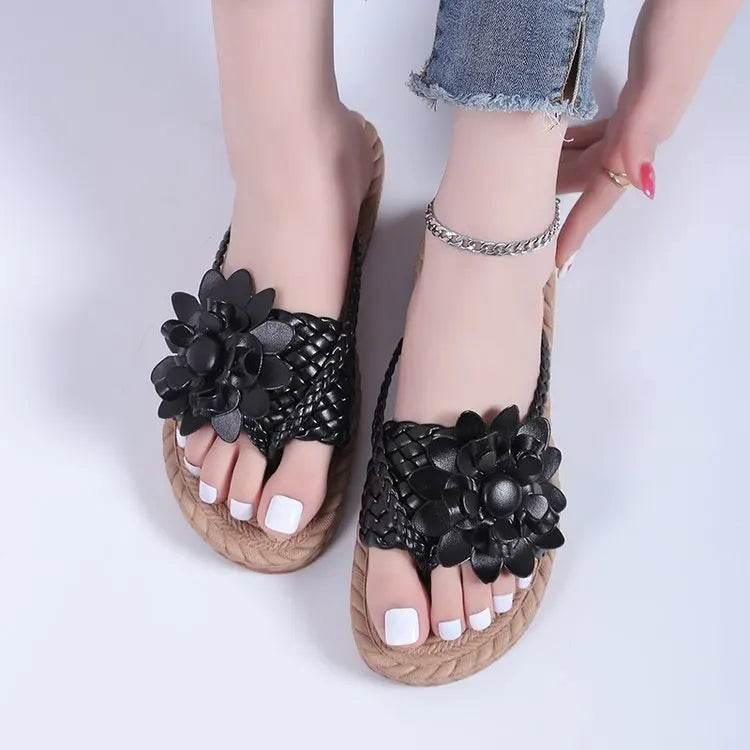 Slippers Women Ombre Floral Pattern Braided Casual Shoes Vacation Flat Holographic Braided Floral Pattern Toe Beach Flip Flops - Empire P.E