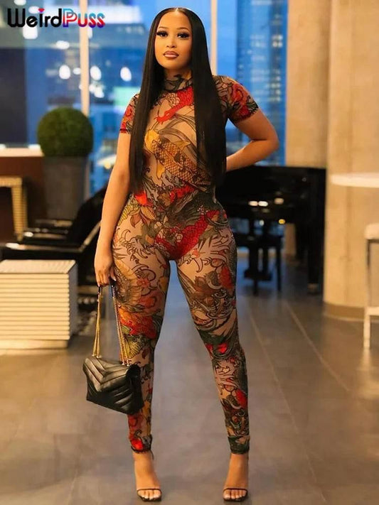 Weird Puss See Through Jumpsuit Women Backless Dragon Print Short Sleeve Fitness Activity Workout Overalls Slim Stretch Clubwear - Empire P.E