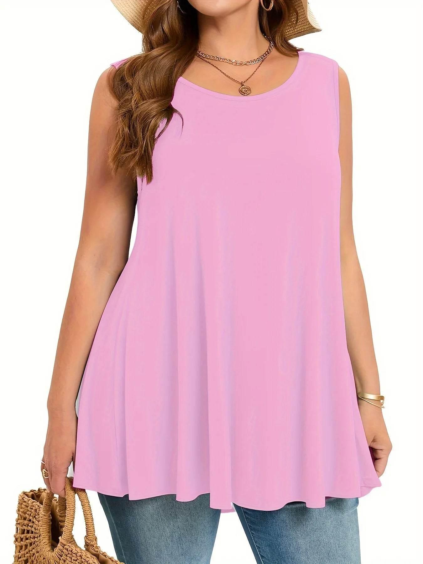 Plus Size Simple Solid Tank Top Casual Crew Neck Sleeveless Tank Top - Empire P.E