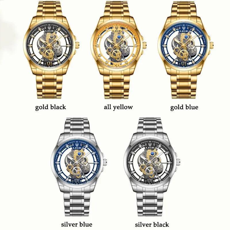 LIGE New Men Watch Skeleton Quartz Wristwatch Gold - Empire P.E