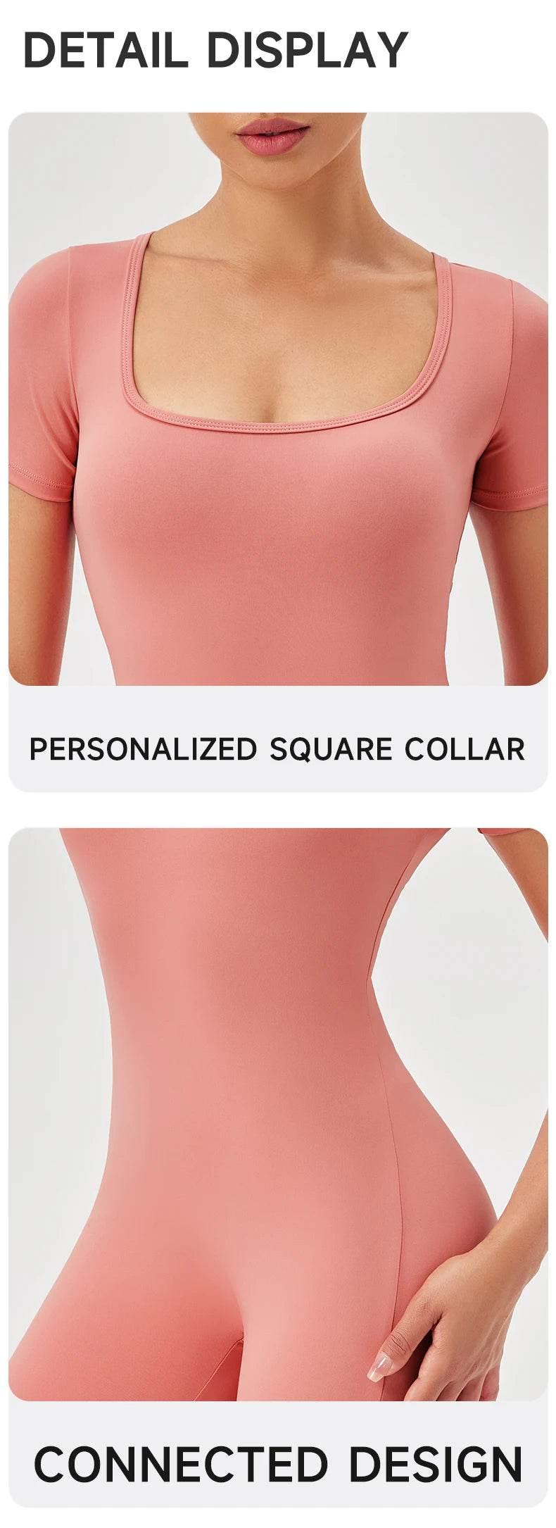 Fashion Women Yoga Suit Short Sleeve Gym Sports Jumpsuit Solid Color Workout Yoga Bodysuit Square Neck Yoga Set Sportswear - Empire P.E