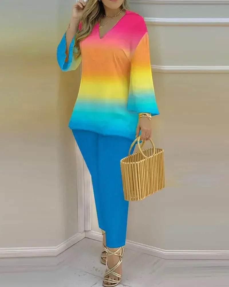 Women Print V Neck Tops Pant Sets Full Sleeve Pullover Two Piece Suit Elastic Waist Trousers Splice Shirts Autumn Regular Fit - Empire P.E