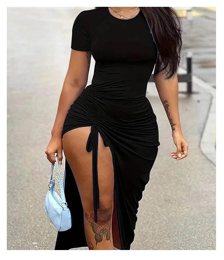 Women's fashion, sexy, slim fit, solid color pleated, split drawstring dress - Empire P.E