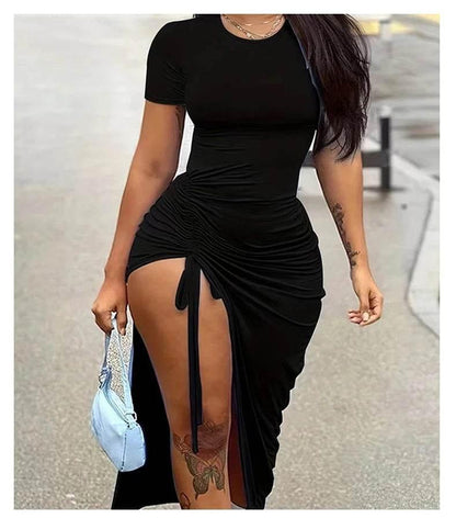 Women's fashion, sexy, slim fit, solid color pleated, split drawstring dress - Empire P.E