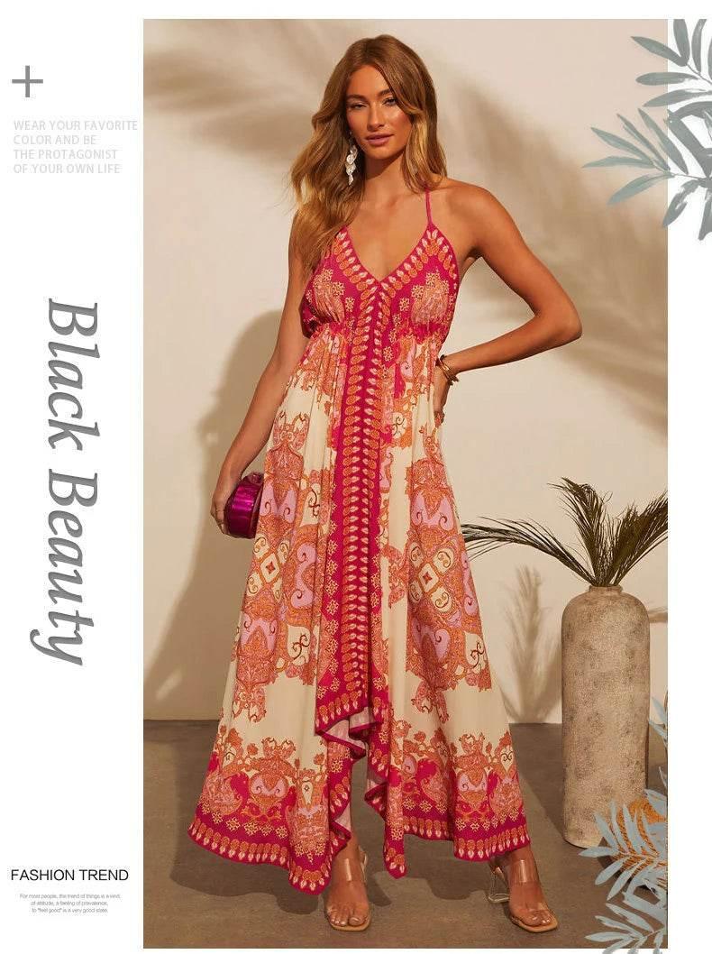 Women's Summer V-neck Halter Bohemian Floral Long Dress,Women Clothing,Red Dress,Sexy Dress Women,Sundress,Beach Dresses - Empire P.E