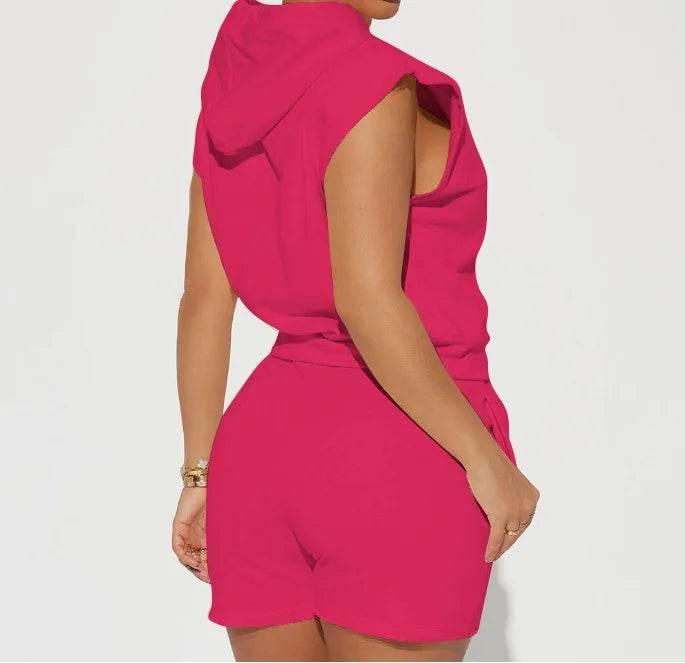 Summer 2024 Women's New Sexy Sleeveless Fashion Casual Sports Short Sleeved Hooded 3/4 Shorts Two Piece Set For Women - Empire P.E