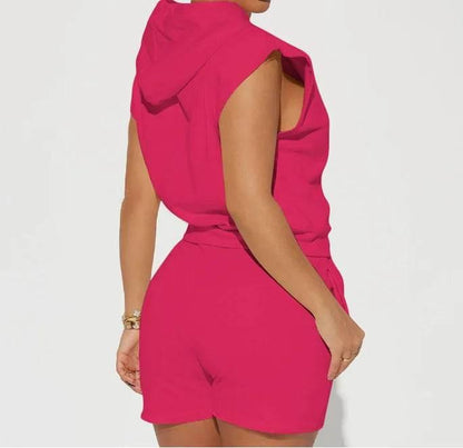 Summer 2024 Women's New Sexy Sleeveless Fashion Casual Sports Short Sleeved Hooded 3/4 Shorts Two Piece Set For Women - Empire P.E
