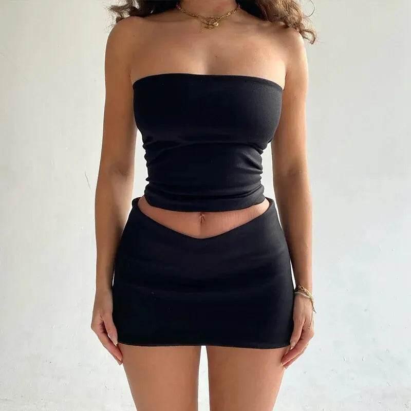 Hawthaw Women 2024 Summer Tube Tops Mini Skirts Party Club Two Piece Matching Sets Vacation Outfits Wholesale Items For Business - Empire P.E
