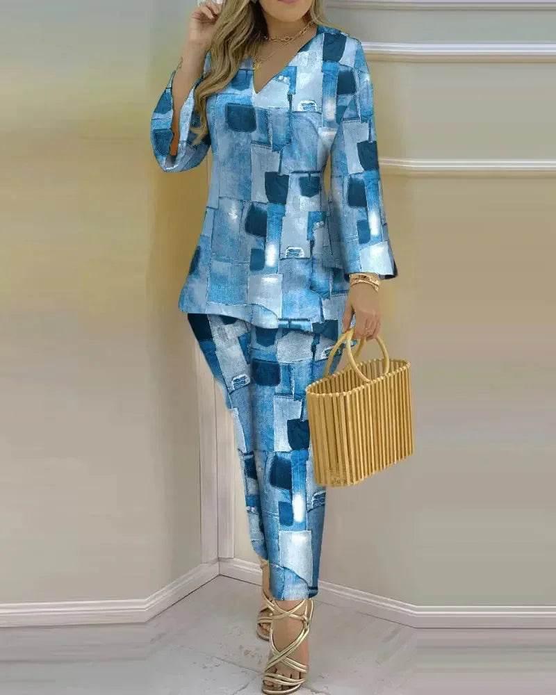 Women Print V Neck Tops Pant Sets Full Sleeve Pullover Two Piece Suit Elastic Waist Trousers Splice Shirts Autumn Regular Fit - Empire P.E
