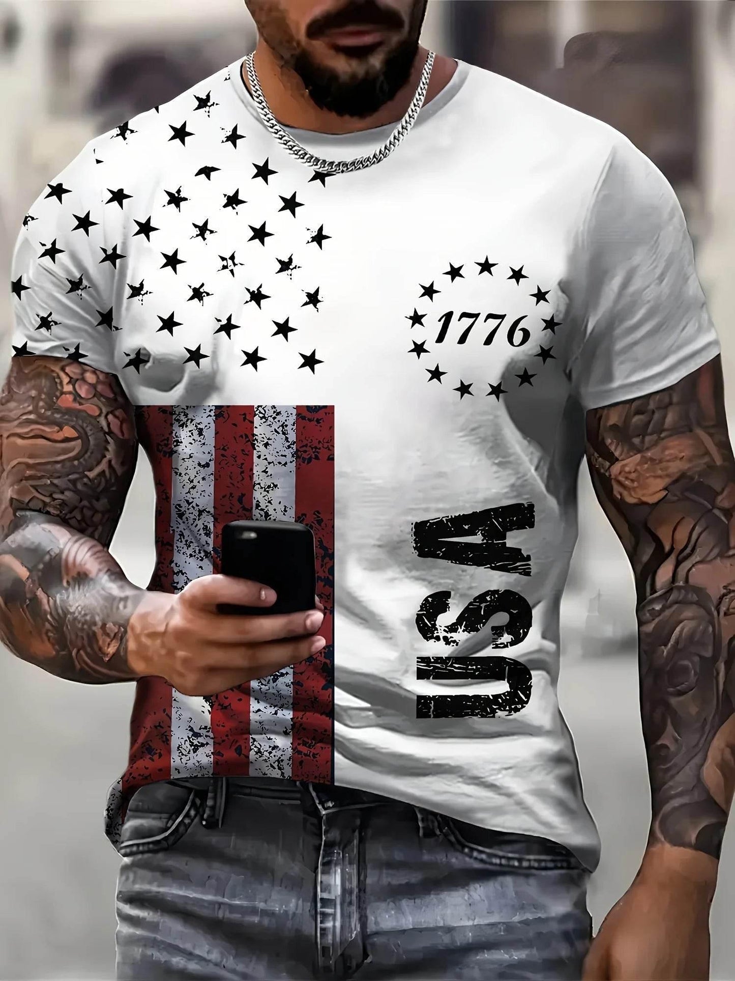 VintageT-Shirt For Men American Flag Graphic T Shirts 1776 Print Tees Short Sleeve T Shirts Outdoor Oversized Men's Clothing Top - Empire P.E