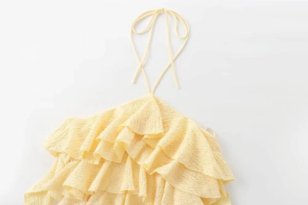 Textured halter crop top with ruffles Women's short yellow sleeveless top with sexy streamers for summer 2024 traf - Empire P.E