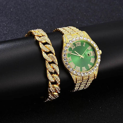 Watch Bracelet Set Hip Hop Stainless Steel Gold Color Calendar Watch for Men Iced Out Paved Rhinestones Men Watch Reloj Hombre - Empire P.E