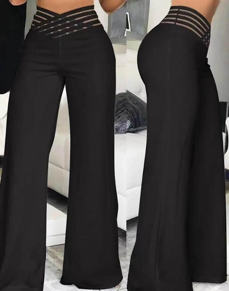 Women Flared Pants Elegant Office Lady Casual High Waist Trousers Spring Summer Solid Crisscross Sheer Mesh Patch Wide Leg Pant - Empire P.E
