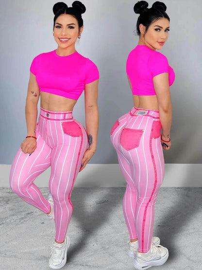 Women High Waist Sports Leggings Stripe Print Stretchable Yoga Pants Sexy Tight Fitness Workout Gym Push Up Causal Pant - Empire P.E