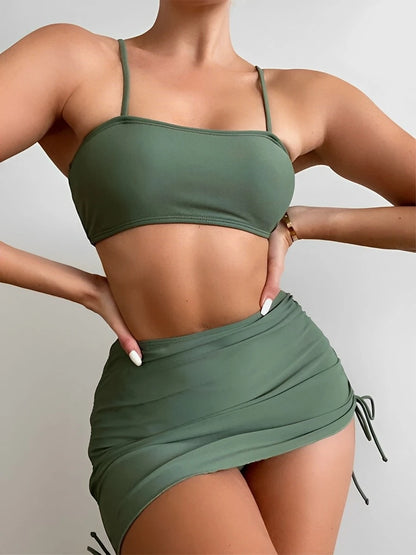3 Pieces Padded Bikini 2026 Women & Drawstring Skirt Solid Swimsuit