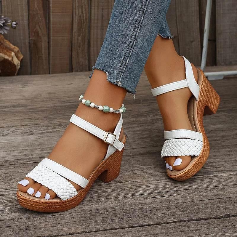 Lucyever Braided High Heels Sandals Women 2025 Summer Pu Leather Platform Gladiator Shoes Woman Ankle Buckle Thick Heel Sandles - Empire P.E