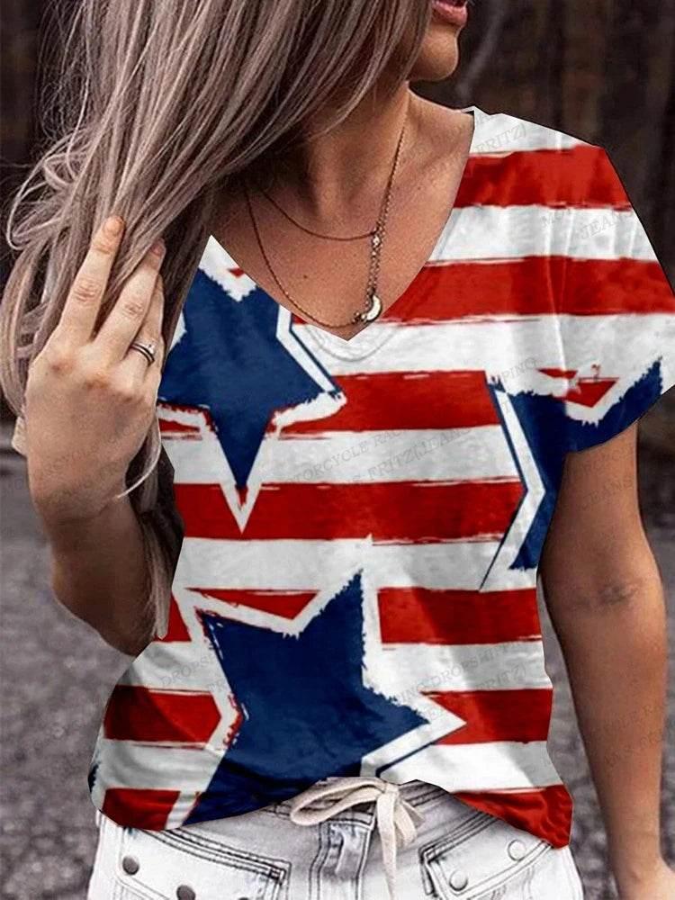 American Flag 3d Print T-shirt Women Fashion V-Neck T-shirts Short Sleeve Tops Tees Loose Casual Tees Vintage Camisetas USA Flag - Empire P.E