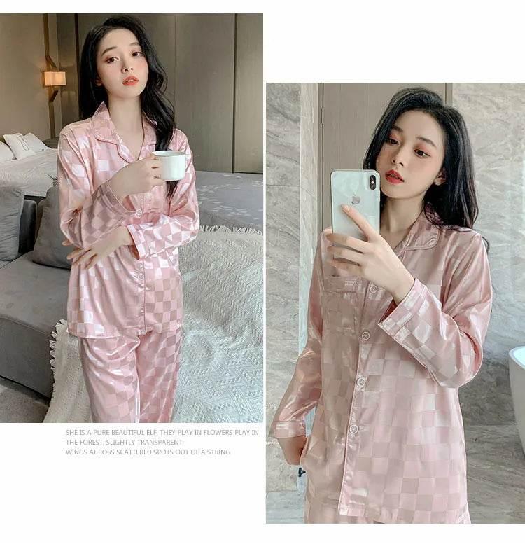 Plus Size Women Pajamas Set Long Sleeves Girl Home Wear Two-Piece Cardigan Solid Plaid Sleepwear Sexy Nightwear Autumn Winter - Empire P.E