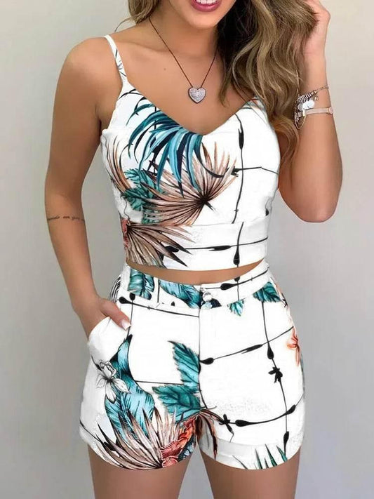 Print Spaghetti Strap Crop Top & Short Sets - Empire P.E