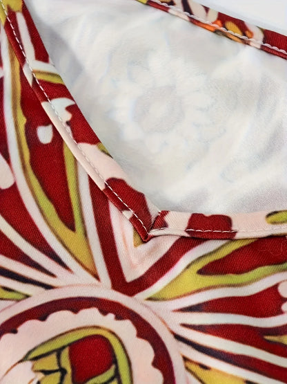 2024 Cross border New Flower Printed V-neck Strap Dress - Empire P.E