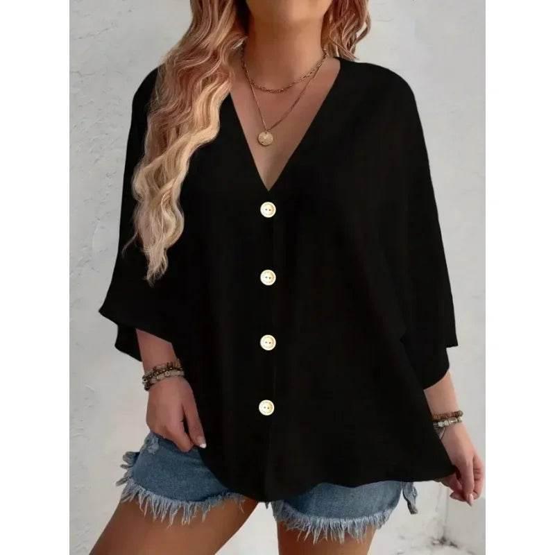 Women's Plus-size T-shirt Solid Color Breathable Spring/summer V-neck Button Travel Casual Wear with European and American Style - Empire P.E