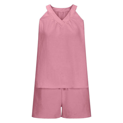 Women'S Summer Casual Suit New Urban Casual Women'S Solid Color Sleeveless Vest Elastic Shorts Home Clothes Two-Piece Set - Empire P.E