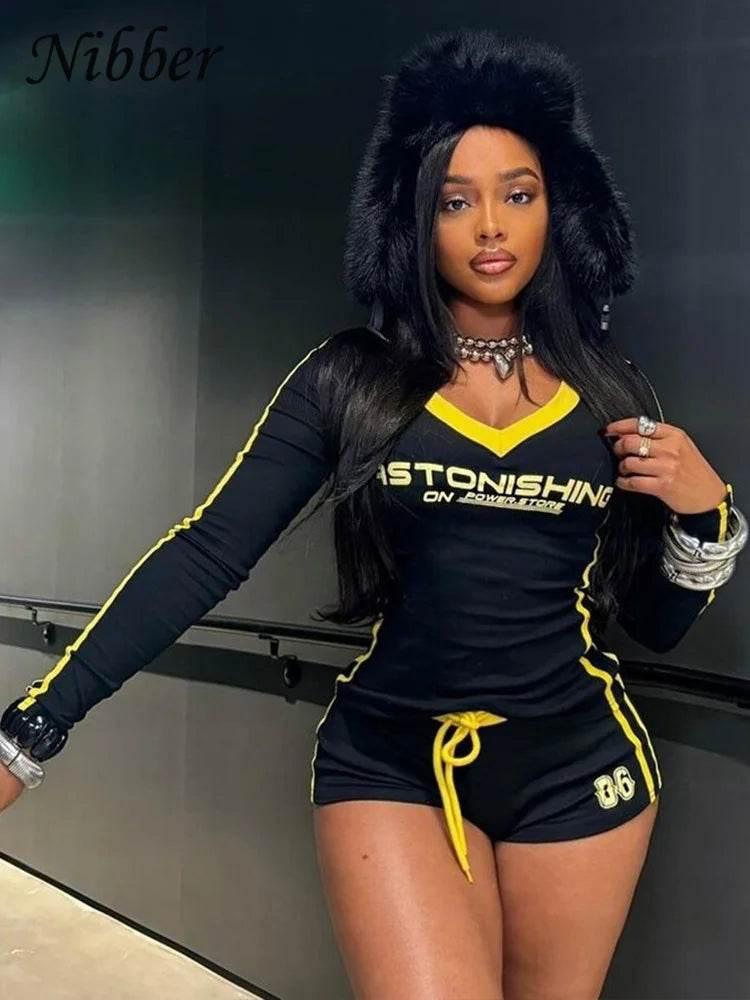 Nibber Women Tracksuit 2 Piece Set Stroke Tight Hipster Letter Print Sporty Casual Crop Tops+Shorts Vitality Matching Outfits - Empire P.E