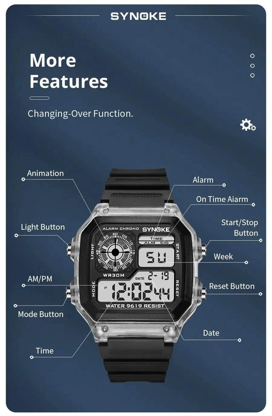 SYNOKE Digital Watches Men Sports Luminous Multifunction Waterproof Women Wristwatch Outdoor and Running Student Seven Lights - Empire P.E