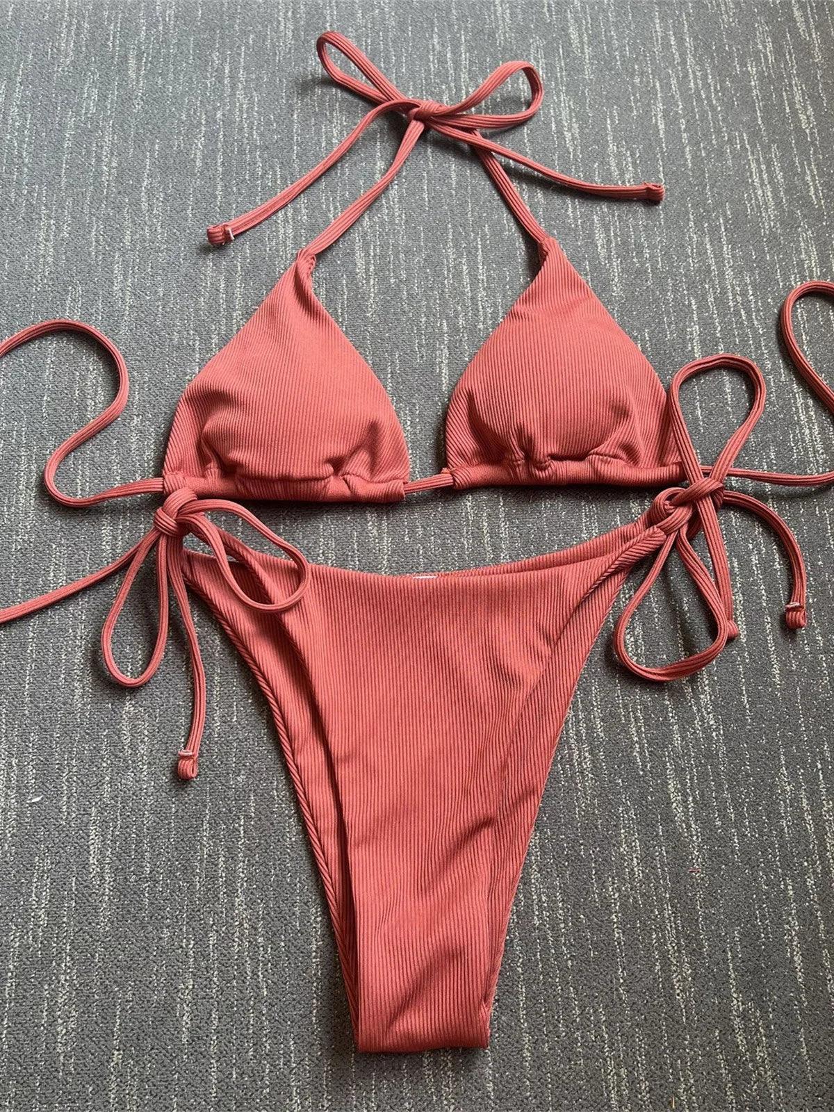 Women Solid Halter Push Up Bra Tie Side Triangle Swimsuit - Empire P.E