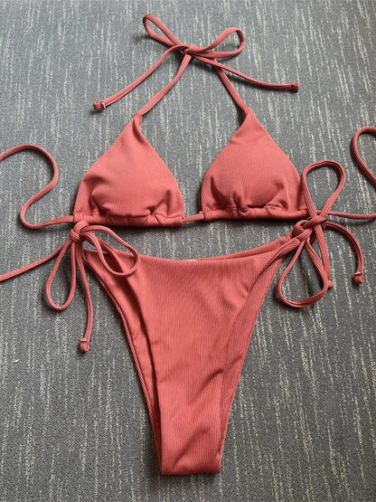 Women Solid Halter Push Up Bra Tie Side Triangle Swimsuit - Empire P.E