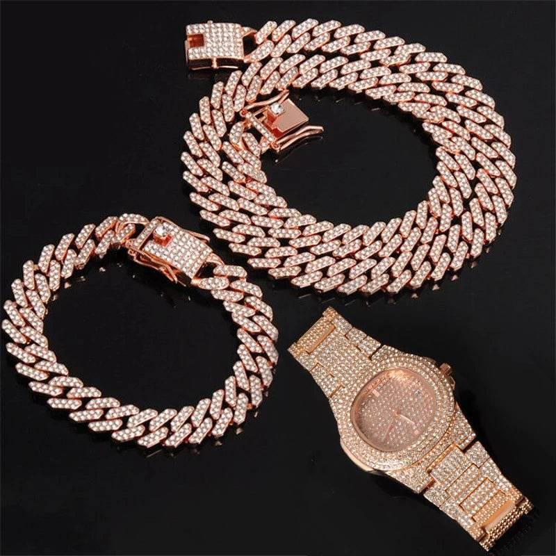 Necklace +Watch+Bracelet Hip Hop Miami Curb Cuban Chain Silver Color Full Iced Out Paved Rhinestones CZ Bling For Men Jewelry - Empire P.E