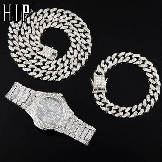 Necklace +Watch+Bracelet Hip Hop Miami Curb Cuban Chain Silver Color Full Iced Out Paved Rhinestones CZ Bling For Men Jewelry - Empire P.E