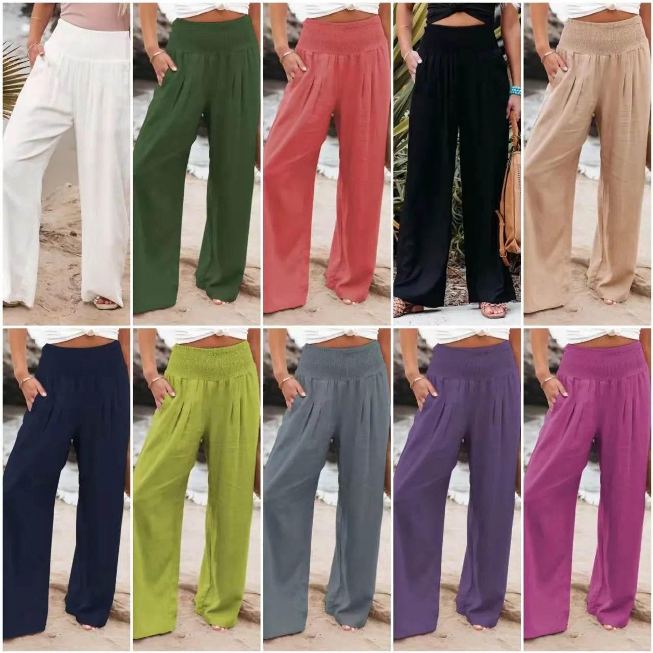 Plus Size 3XL 2019 Summer New Hot Cotton Linen Women Wide Legs Pants Solid Casual High Waist Button Trousers Female Loose Pants - Empire P.E