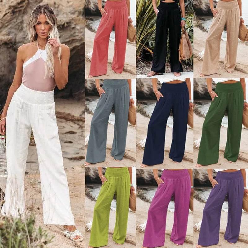 Plus Size 3XL 2019 Summer New Hot Cotton Linen Women Wide Legs Pants Solid Casual High Waist Button Trousers Female Loose Pants - Empire P.E