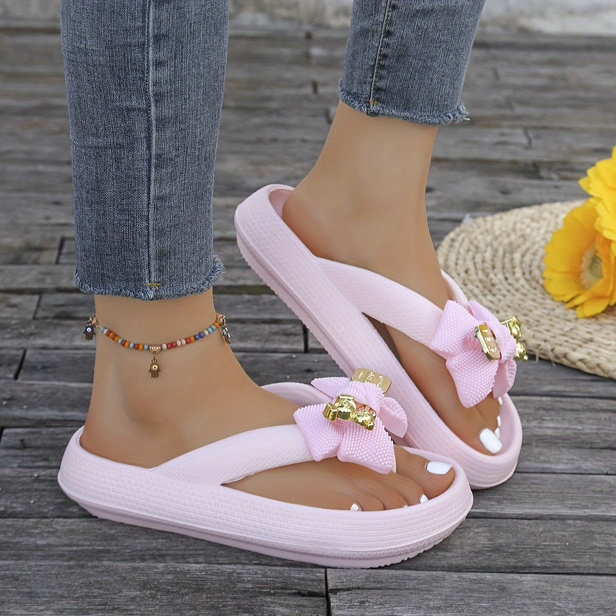 Women's Slip-On Mules with Golden Buckle Bow Sandals