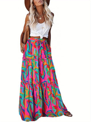 Summer Bohemian Beach Women Skirt Vintage High Waist Elastic Printed Clothing Loose Casual Elegant