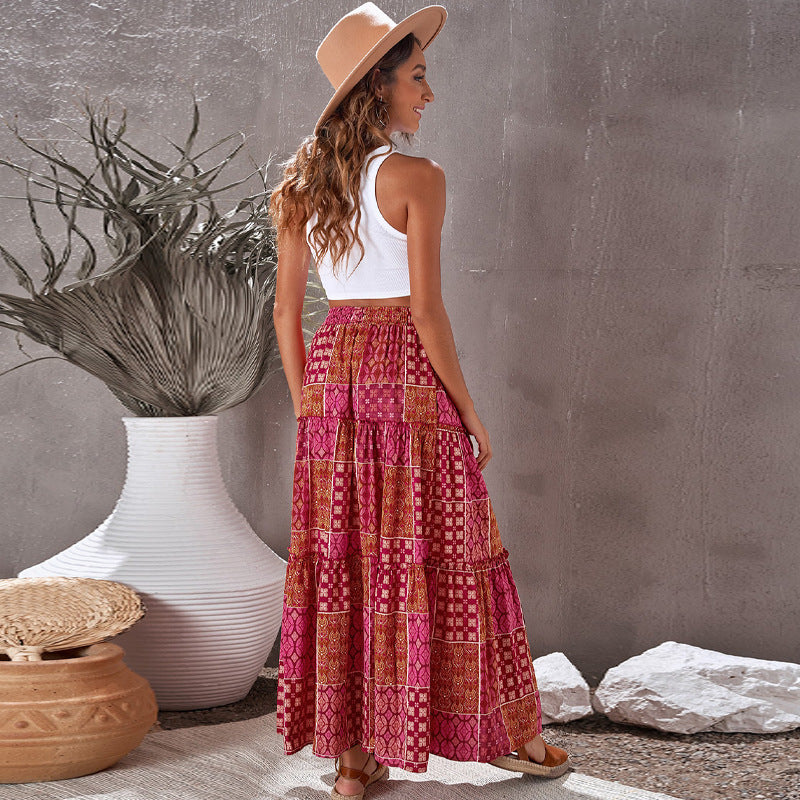 Summer Bohemian Beach Women Skirt Vintage High Waist Elastic Printed Clothing Loose Casual Elegant