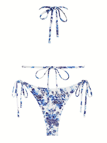 Floral Print Triangle Tie Strap Bikini 2 Piece Set