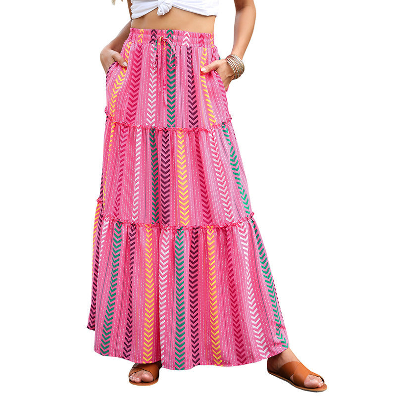 Summer Bohemian Beach Women Skirt Vintage High Waist Elastic Printed Clothing Loose Casual Elegant