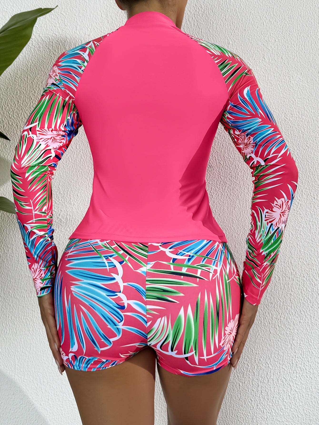 Long Sleeve Plant Print Color Block Flat Leg Swimsuit