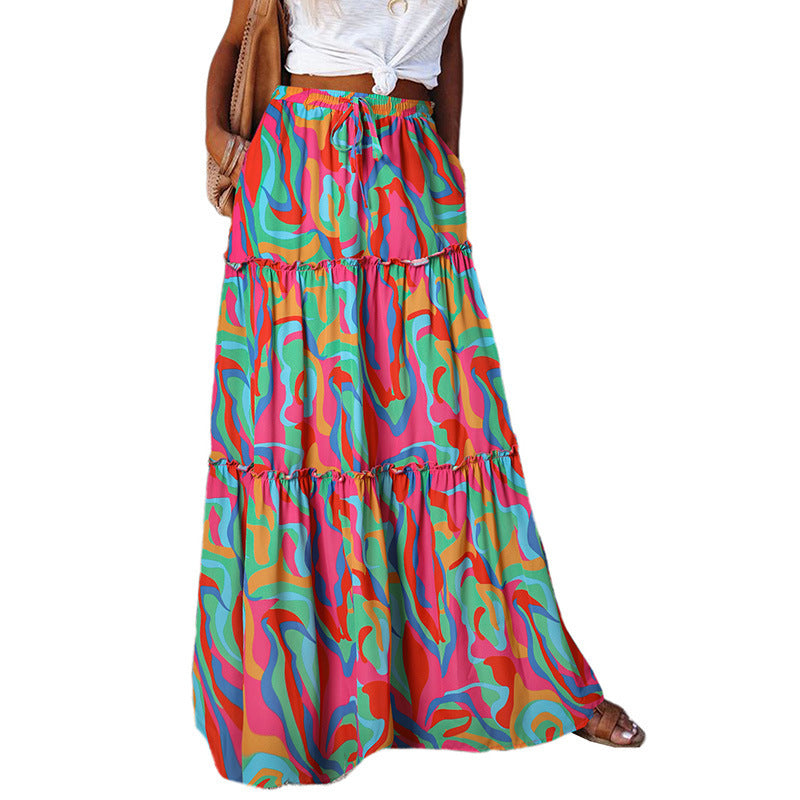 Summer Bohemian Beach Women Skirt Vintage High Waist Elastic Printed Clothing Loose Casual Elegant