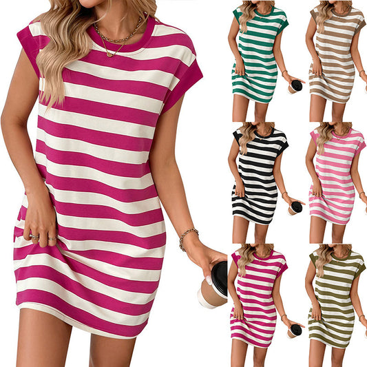 Women's Round Neck Short Sleeve Striped Short Skirt Pocket Casual Dress - Empire P.E