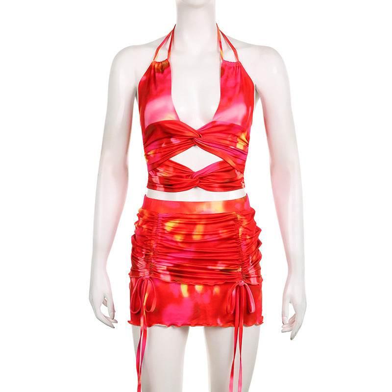 Tie-dyed Printed Deep V Halter Corset High Waist Short Skirt - Empire P.E