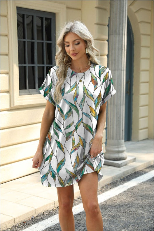 Loose Crew Neck Short Sleeve Printed Pocket Dress