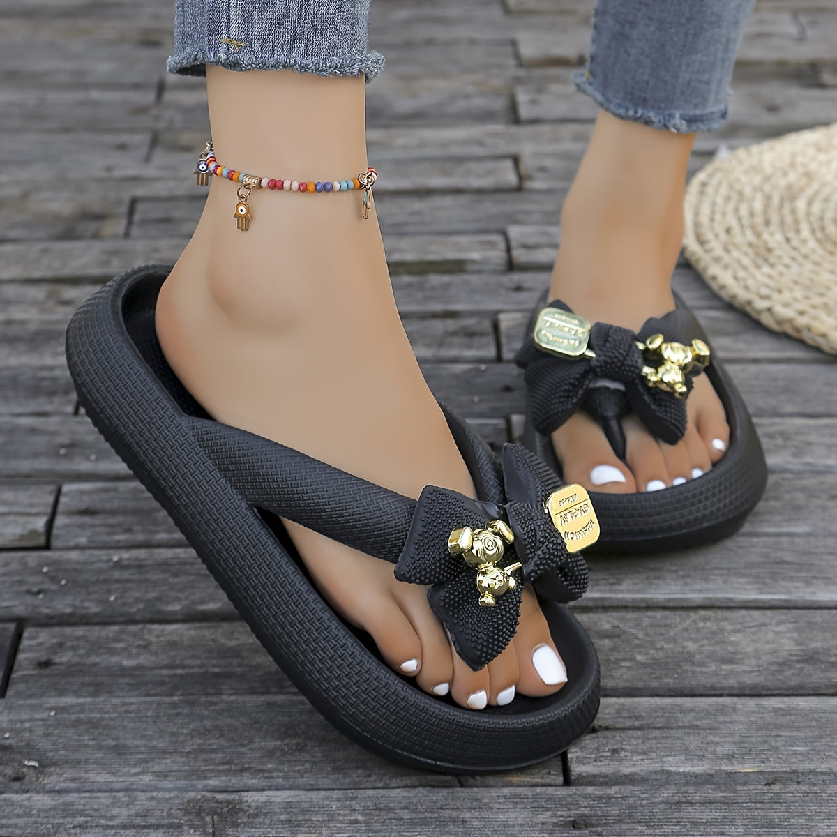 Women's Slip-On Mules with Golden Buckle Bow Sandals