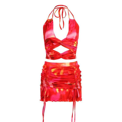 Tie-dyed Printed Deep V Halter Corset High Waist Short Skirt - Empire P.E