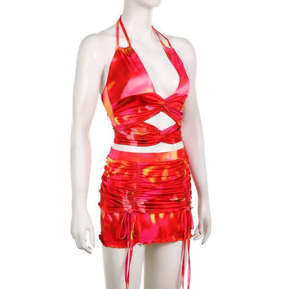 Tie-dyed Printed Deep V Halter Corset High Waist Short Skirt - Empire P.E